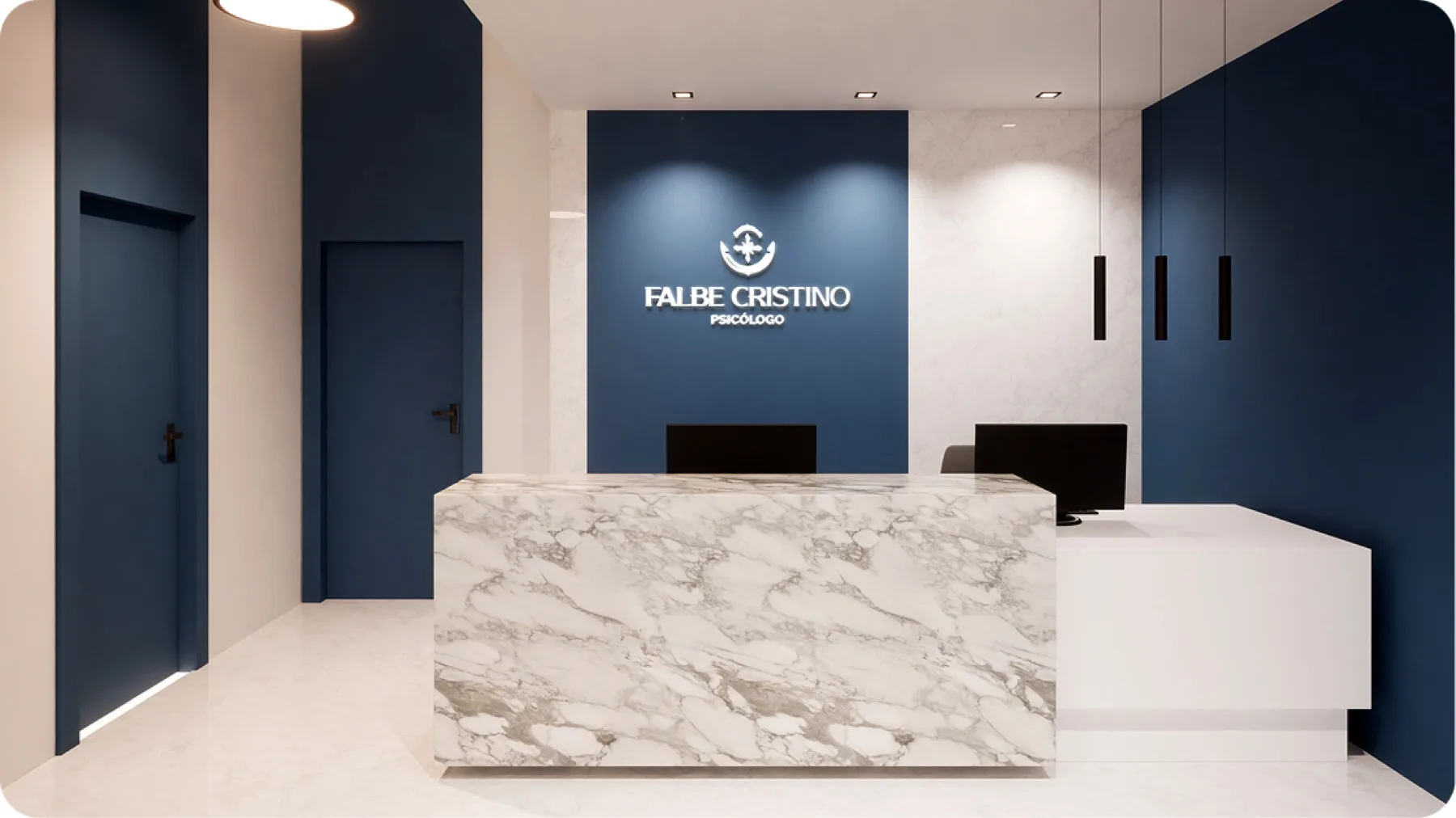 Recepção do consultório com a identidade visual Falbe Cristino